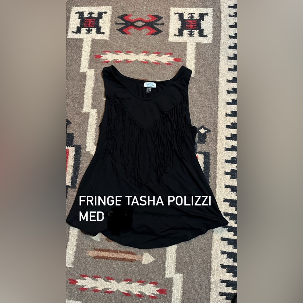 Tasha Polizzi Black Fringe Sleeveless Top